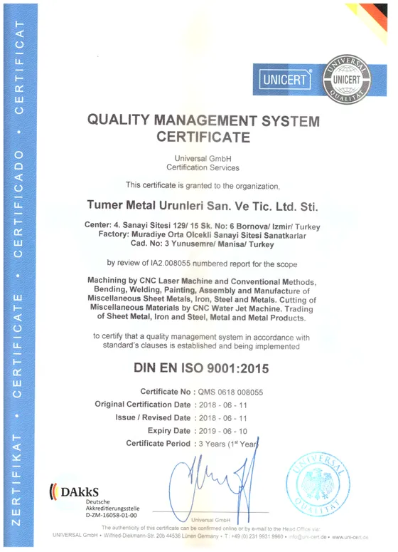 Certificado de calidad ISO 9001:2015 (inglés)