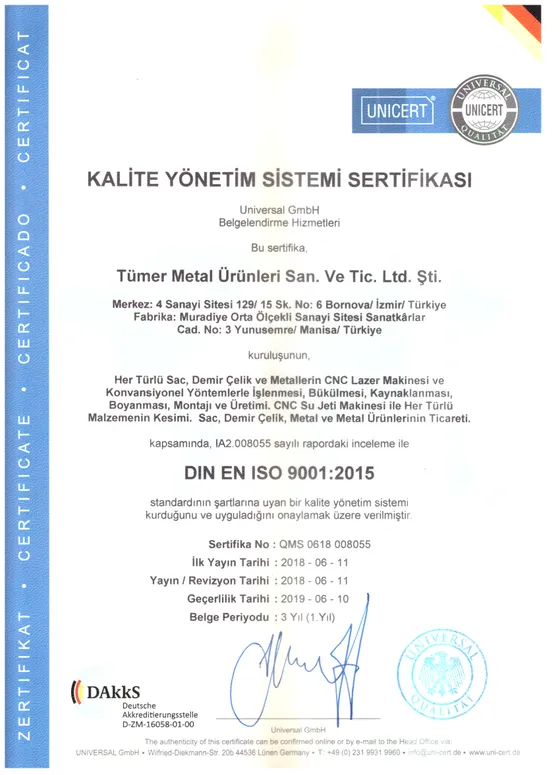 Certificado de calidad ISO 9001:2015 (turco)